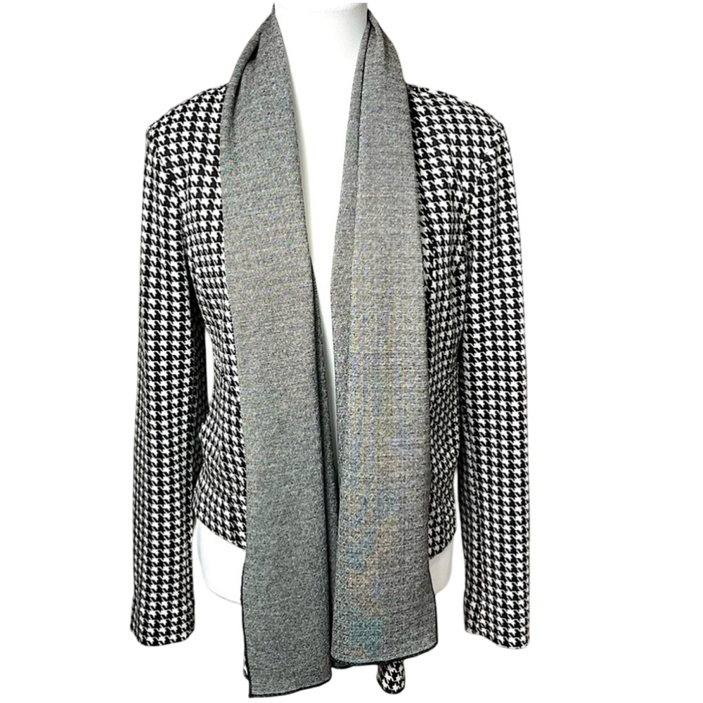 Cabi Houndstooth Woven Knit Relaxed Open Front Cardigan Size S Black Grey White